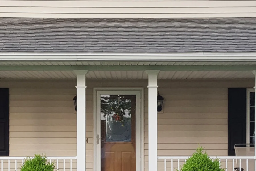Porch columns framing a covered outdoor living space